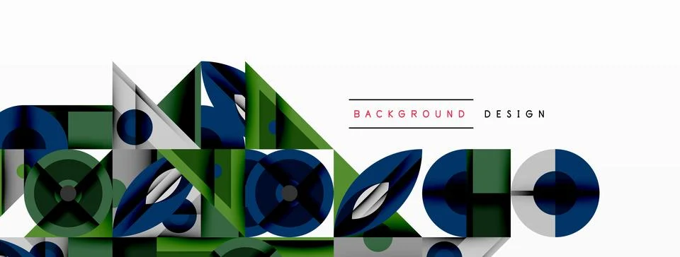 Geometric abstract composition with intersecting shapes, circles, triangles, and Stock Illustration