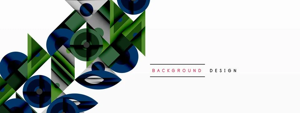 Geometric abstract composition with intersecting shapes, circles, triangles, and Stock Illustration