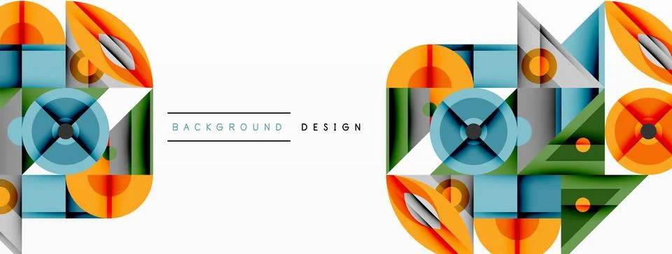 Geometric abstract composition with intersecting shapes, circles, triangles, and Stock Illustration