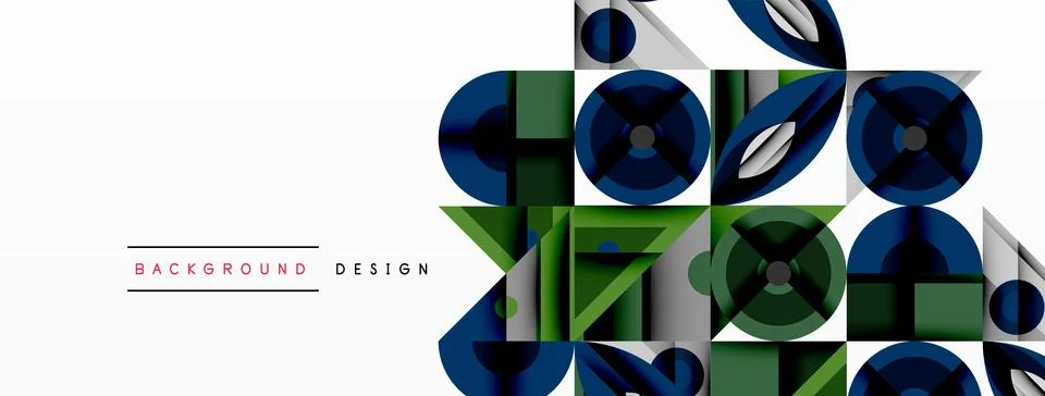 Geometric abstract composition with intersecting shapes, circles, triangles, and Stock Illustration