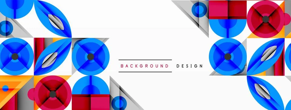 Geometric abstract composition with intersecting shapes, circles, triangles, and Stock Illustration