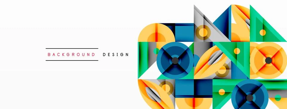 Geometric abstract composition with intersecting shapes, circles, triangles, and Stock Illustration