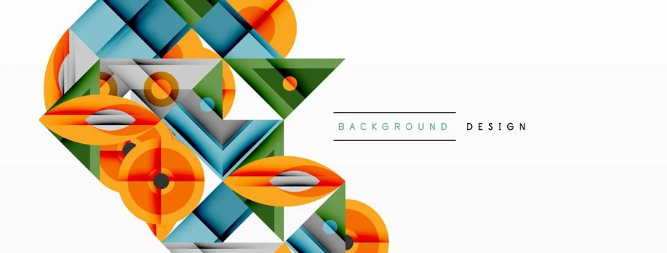 Geometric abstract composition with intersecting shapes, circles, triangles, and Stock Illustration
