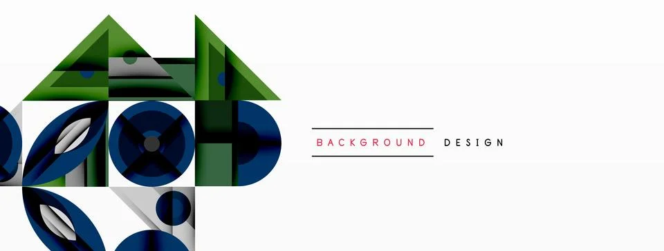 Geometric abstract composition with intersecting shapes, circles, triangles, and Stock Illustration