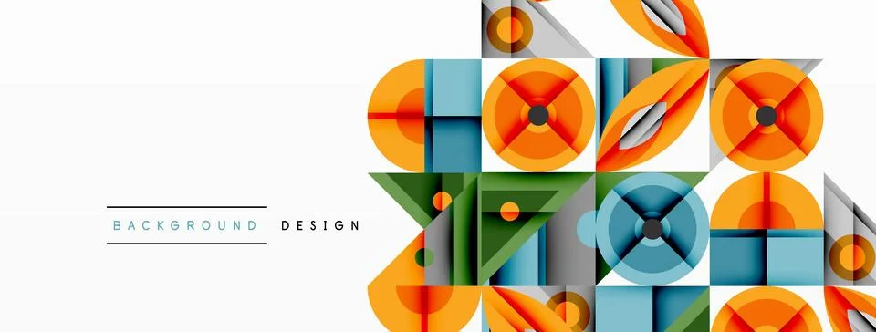 Geometric abstract composition with intersecting shapes, circles, triangles, and Stock Illustration