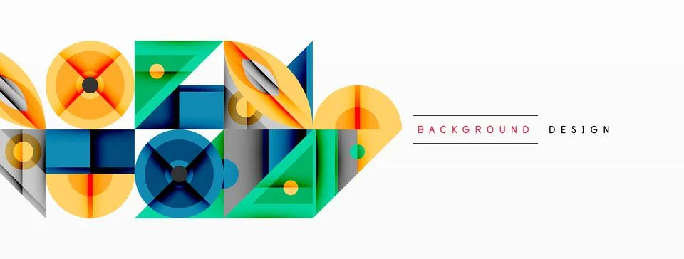 Geometric abstract composition with intersecting shapes, circles, triangles, and Stock Illustration