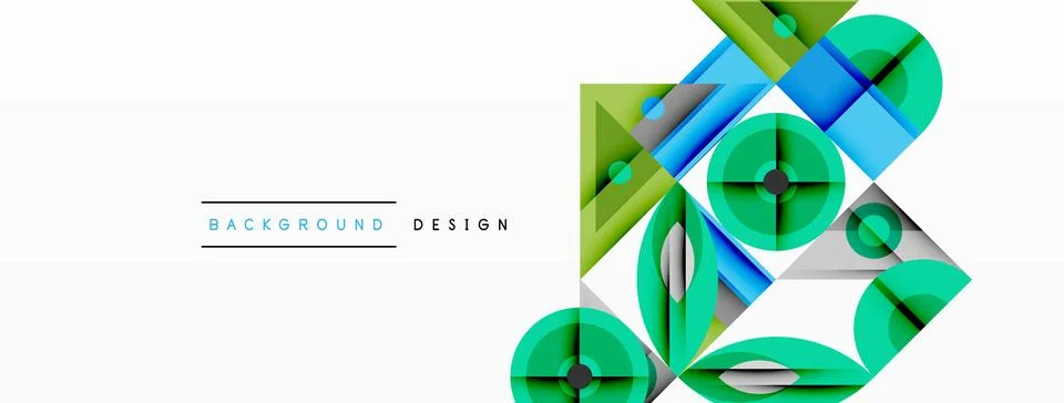 Geometric abstract composition with intersecting shapes, circles, triangles, and Stock Illustration
