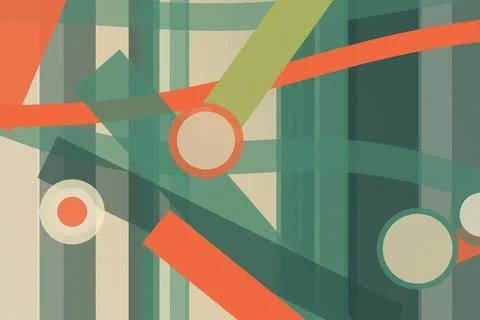 Geometric abstract composition with layered circles, lines, and stripes in .. Stock Illustration
