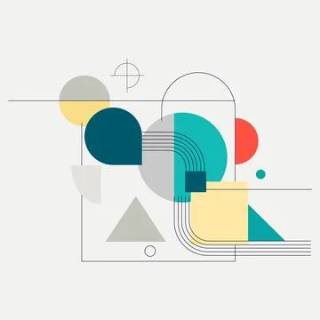 Geometric abstract composition with lines, circles, and squares in muted tone 스톡 일러스트