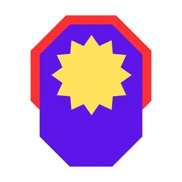 Geometric abstract design featuring a yellow starburst on a purple octagon .. Illustrazione stock