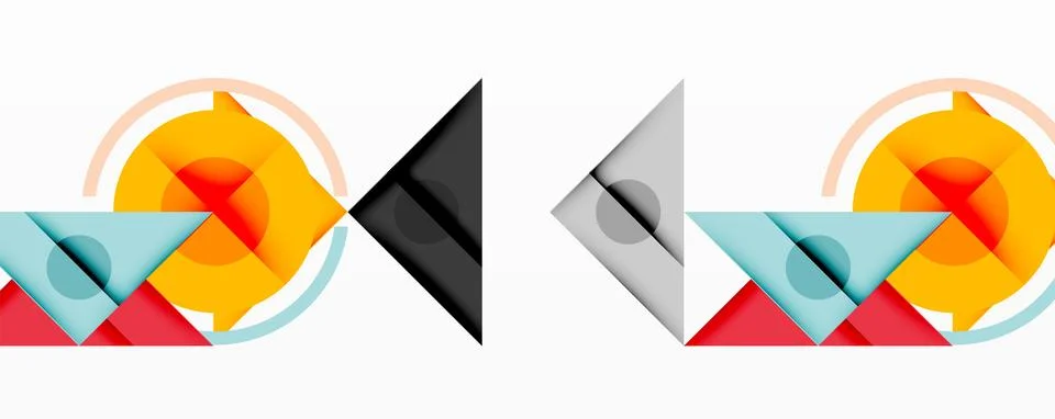 Geometric abstract design with layered triangles, circles, and gradients, Stock Illustration