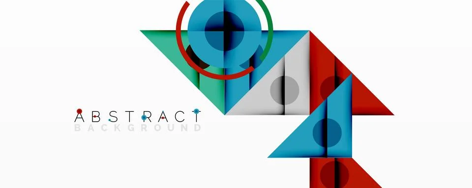 Geometric abstract design with layered triangles, circles, and gradients, Stock Illustration
