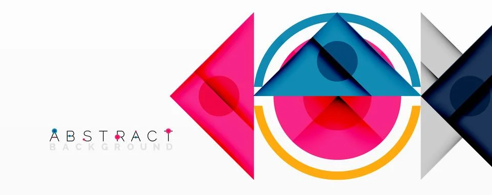 Geometric abstract design with layered triangles, circles, and gradients, Stock Illustration