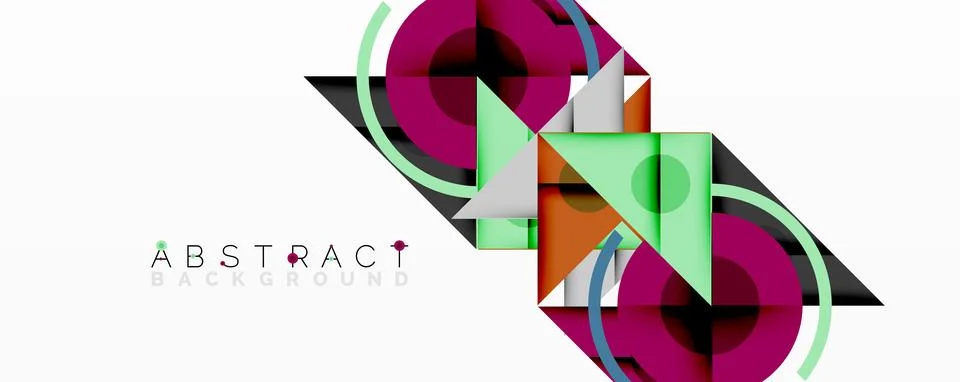 Geometric abstract design with layered triangles, circles, and gradients, Stock Illustration