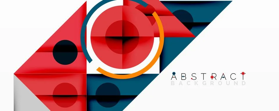 Geometric abstract design with layered triangles, circles, and gradients, Stock Illustration
