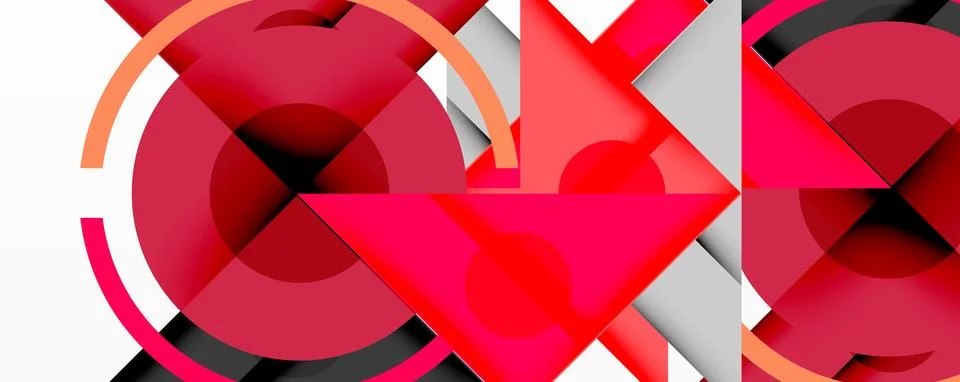 Geometric abstract design with layered triangles, circles, and gradients, Stock Illustration