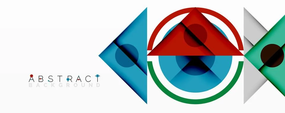 Geometric abstract design with layered triangles, circles, and gradients, Stock Illustration