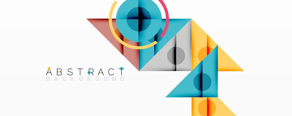 Geometric abstract design with layered triangles, circles, and gradients, Stock Illustration