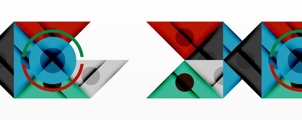 Geometric abstract design with layered triangles, circles, and gradients, Stock Illustration