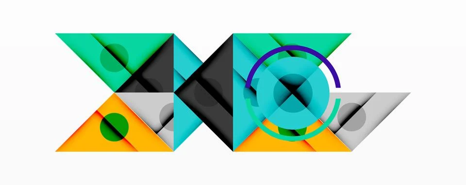 Geometric abstract design with layered triangles, circles, and gradients, Stock Illustration