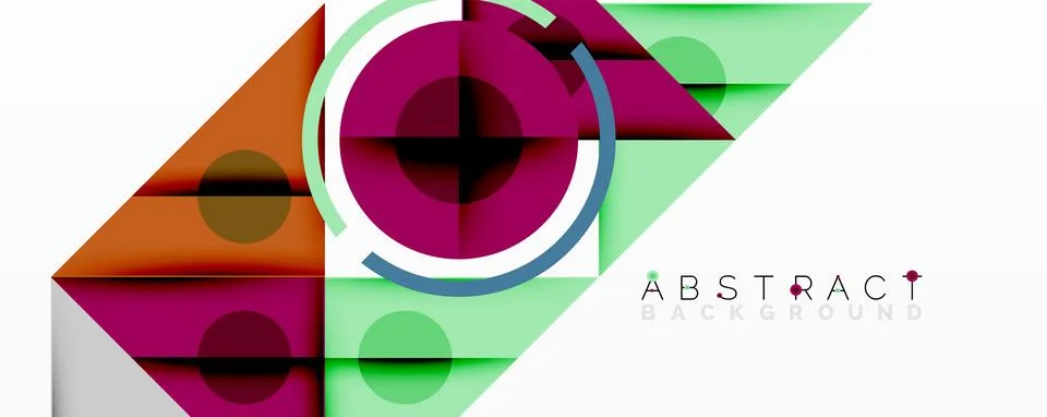 Geometric abstract design with layered triangles, circles, and gradients, Stock Illustration