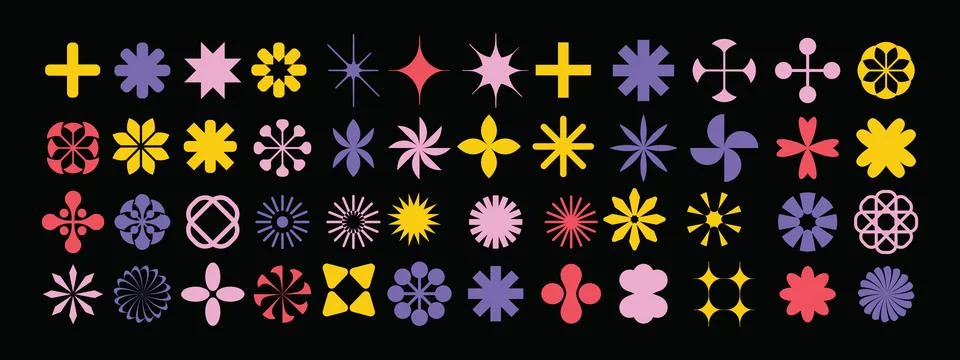 Geometric abstract flower shape set, vector funky star figure icon kit Stock Illustration
