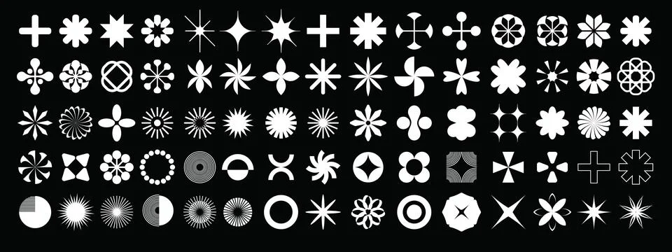 Geometric abstract flower shape vector set, funky star figure icon kit Stock Illustration