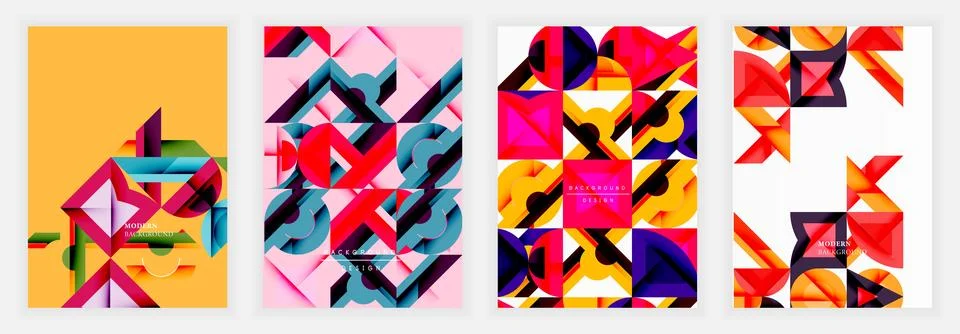 Geometric abstract layout with bold blocks, vivid colors, intersecting shapes, Stock Illustration
