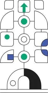 Geometric abstract layout with circles squares and arrows in green and blue. Stock Illustration