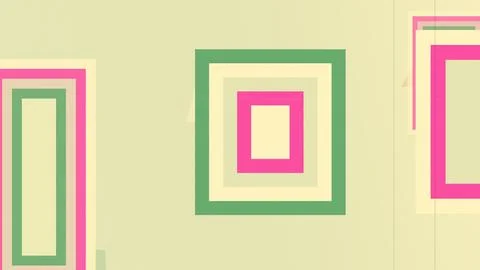 Geometric abstract layout with layered green and pink squares on pale yello.. Illustrazione stock