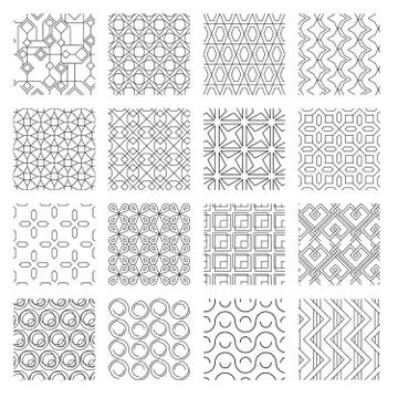 Geometric abstract monochrome seamless patterns set. Textile ornaments rosette Stock Illustration