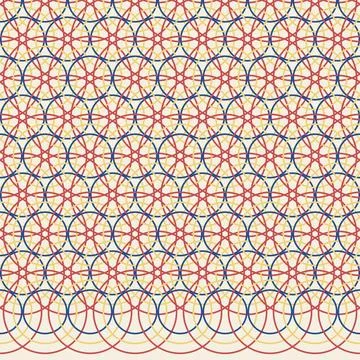 Geometric abstract pattern with interlocking red blue yellow circles and line Stock Illustration