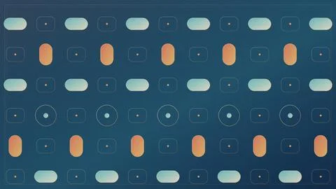 Geometric abstract pattern with orange ovals and light blue dots on dark bl.. Stock Illustration