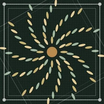 Geometric abstract pattern with radial leaf shapes and central circle on da.. Stock Illustration