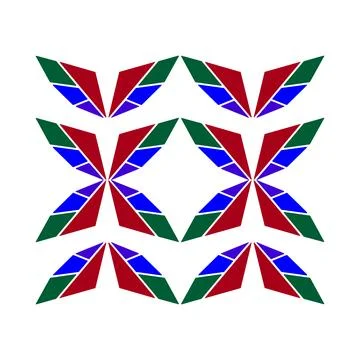 Geometric abstract pattern of repeating leaf shapes in red, green, and blue.. Stock Illustration