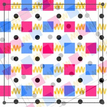 Geometric abstract pattern with zigzag lines and colored squares on grid ba.. Stock Illustration