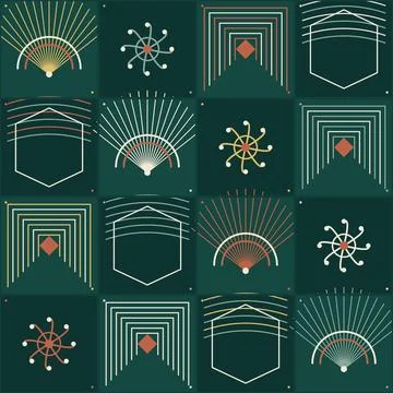 Geometric abstract patterns with radial lines, hexagons, and diamond shapes.. Stock Illustration