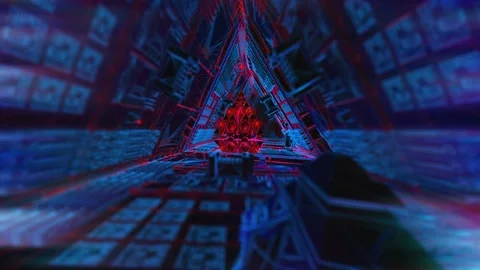 Geometric abstract pyramid in the interior of a paceship. Seamless neon retro Video stock 99034622