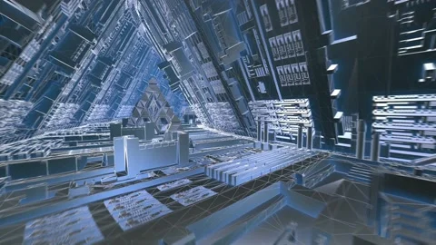 Geometric abstract pyramid in the interior of a paceship. Seamless metal retro Video stock 232669257