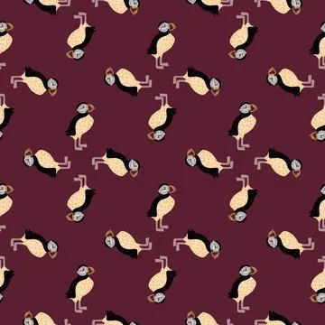 Geometric abstract seamless pattern with doodle puffin elements. Purple vine  Stock Illustration