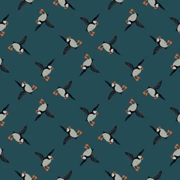 Geometric abstract seamless pattern with hand drawn cartoon puffin shapes. Da Stock Illustration