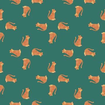 Geometric abstract seamless pattern with orange tiger silhouettes ornament. T イラスト素材