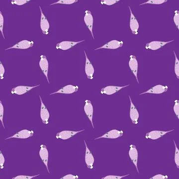 Geometric abstract seamless pattern with parrot doodle print. Purple backgrou Stockillustratie