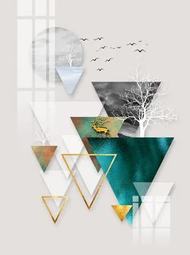 Geometric abstraction, multi-colored triangles, circle, tree outlines Stock Illustration