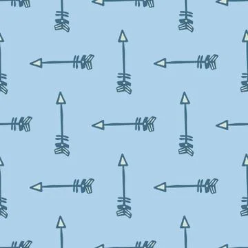 Geometric arrows seamless pattern on blue background. Hand drawn tribal endle Stock Illustration
