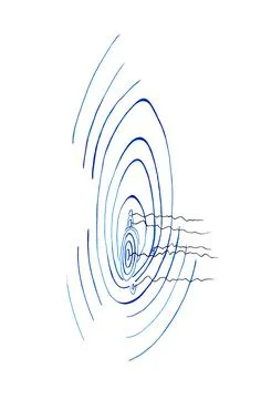 Geometric asymmetric pattern of blue circles and black wavy lines Stock Illustration