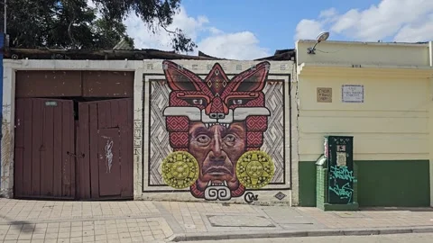 Geometric Aztec Style Mural on Wall Between Doors, Chorro de Quevedo, Colombia Video stock 331524743