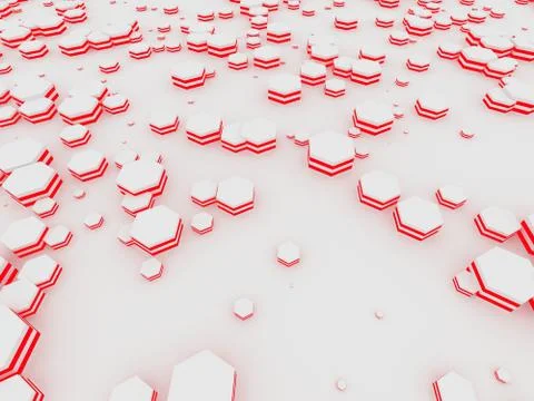Geometric background wih random hexagon elements and red stripes. 3d render Stock Illustration