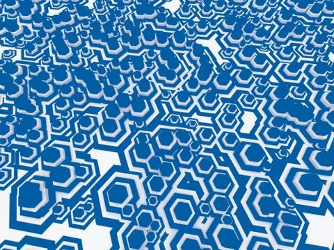 Geometric background wih random hexagon elements and blue stripes. 3d render Stock Illustration