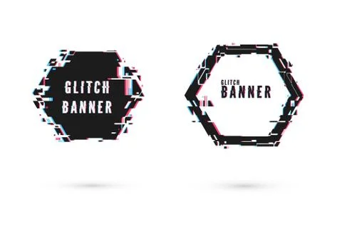 Geometric banner with distortion effect - Glitch. Hexagon shape frame. Digita Stock Illustration